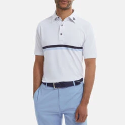 FootJoy Double Chest Band Pique Golf Polo Shirt -Golf Apparel Store FootJoy SS22 Double Chest Band Pique Golf Polo Shirt White Navy Light Blue 88443 model 1