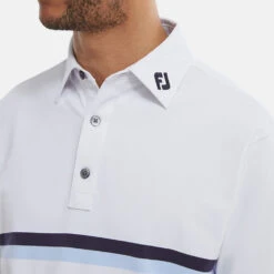 FootJoy Double Chest Band Pique Golf Polo Shirt -Golf Apparel Store FootJoy SS22 Double Chest Band Pique Golf Polo Shirt White Navy Light Blue 88443 model 2