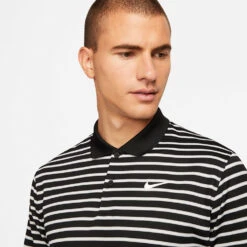 Nike Dry Victory Stripe Golf Polo Shirt -Golf Apparel Store Nike SS22 Dry Victory Stripe Golf Polo Shirt DH0829 010 M Black White model 2